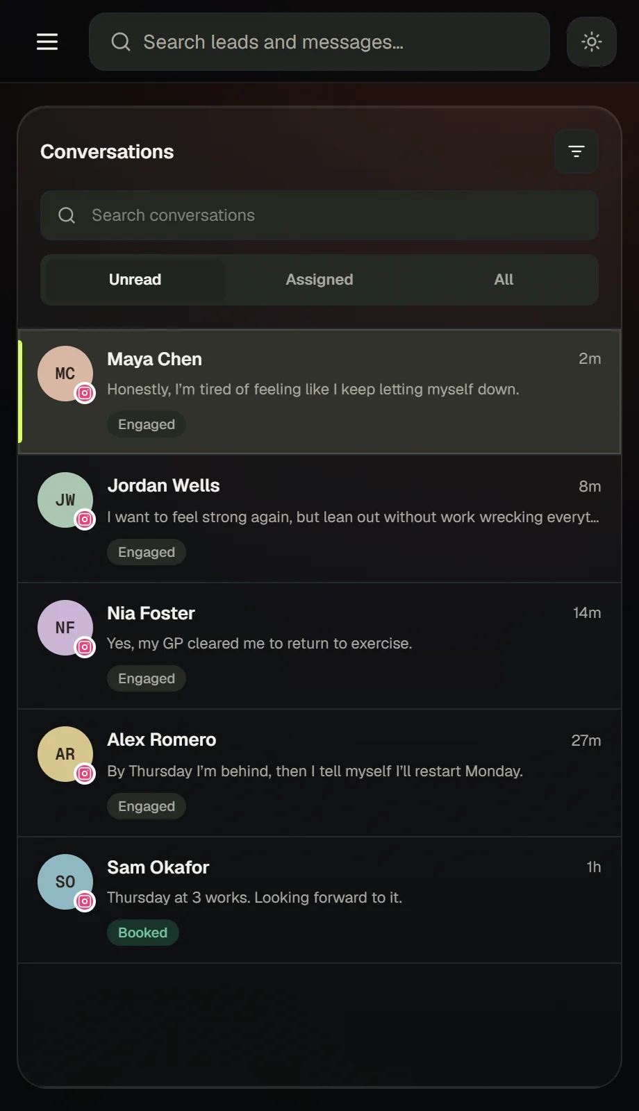 The Scavo inbox listing live Instagram conversations by readiness